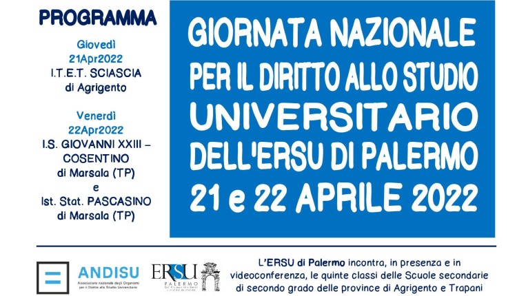 Giornate Nazionali del diritto allo studio universitario di ANDISU: l’ERSU di Palermo incontra le quinte classi degli istituti superiori